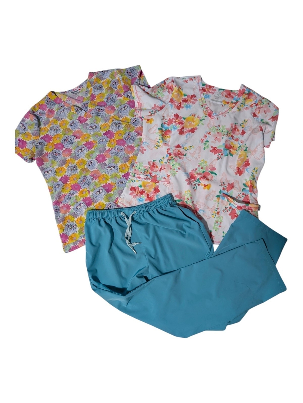 Floral Print Scrub Set with Teal Drawstring Trousers